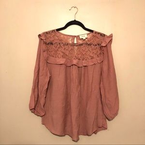 Plus Ruffle Mid-Sleeve Peasant Top in Taupe